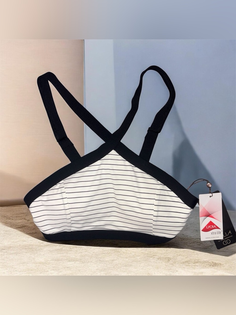 CALIA by Carrie Underwood Striped Cross-Front Swim Sports Bra - Black & White